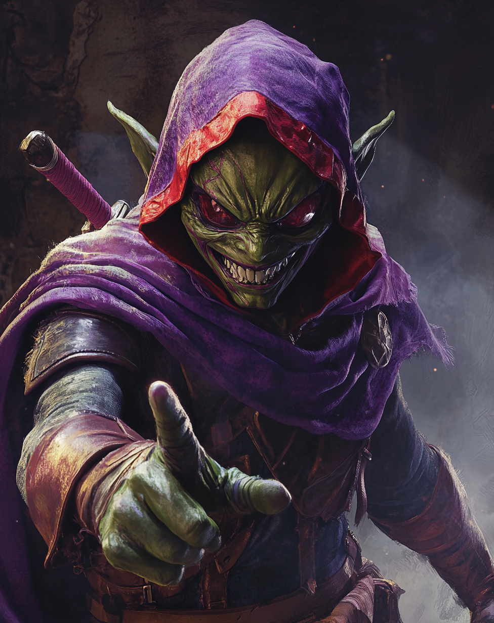 Green Goblin points while wearing colorful scarf on logo.