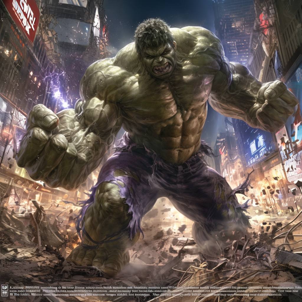 Green Hulk with veins, glowing eyes, ready to smash.