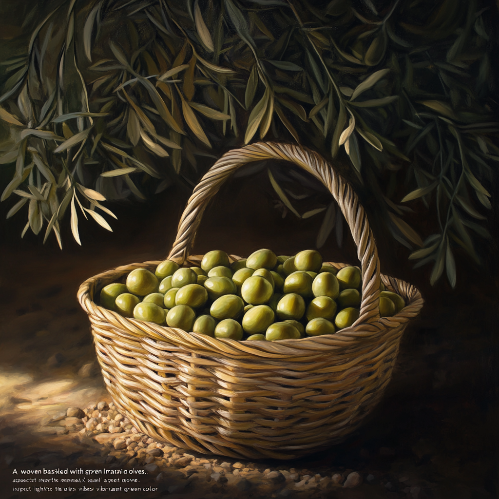 Green Iranian Olives in Woven Basket at Olive Grove