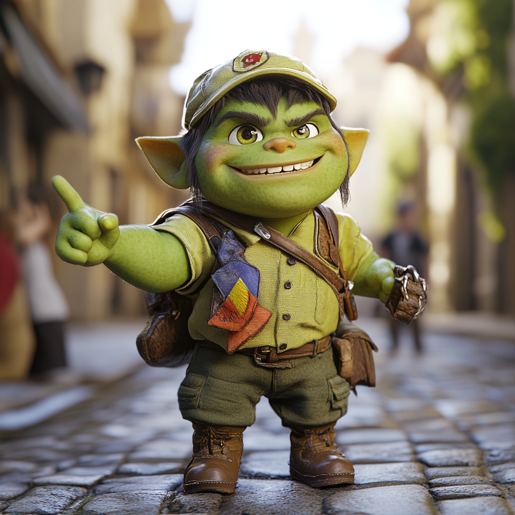 Green Orc Boy Scout Helping People In 3D Pixar Render