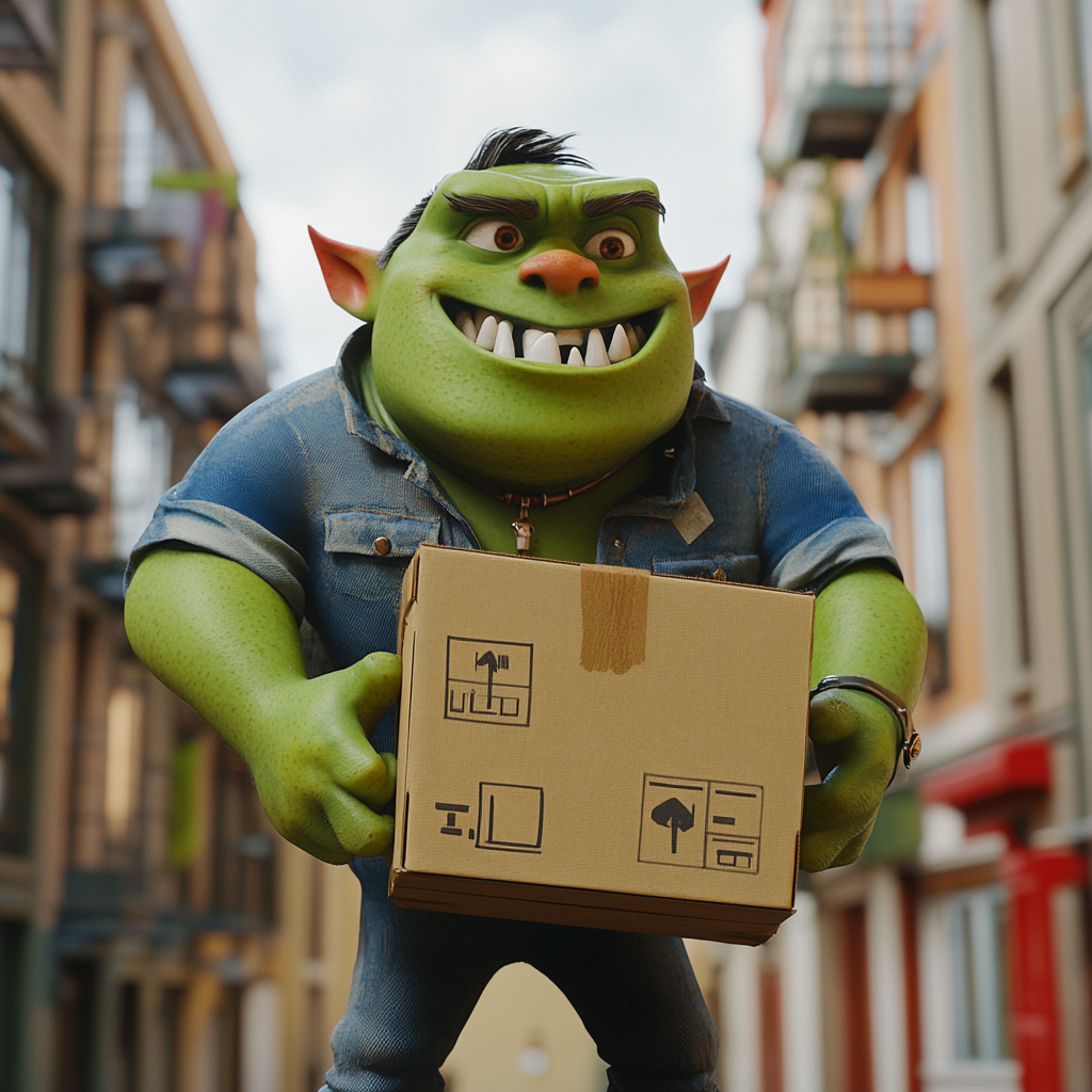 Green Orc Child Box Delivery in City, Pixar 3D Render