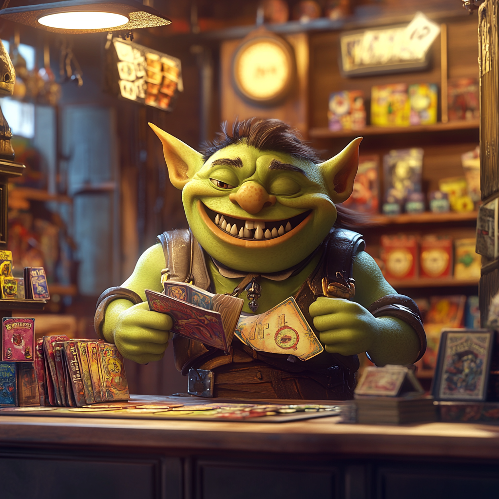 Green Orc Child Clerk in Pixar Card Game Store