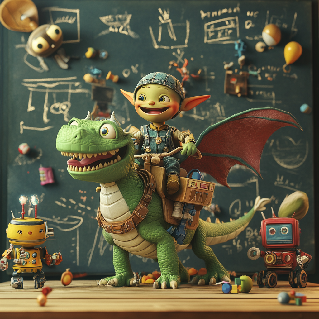 Green Orc Child Riding Dragon with Fairies and Robots on Blackboard Background 