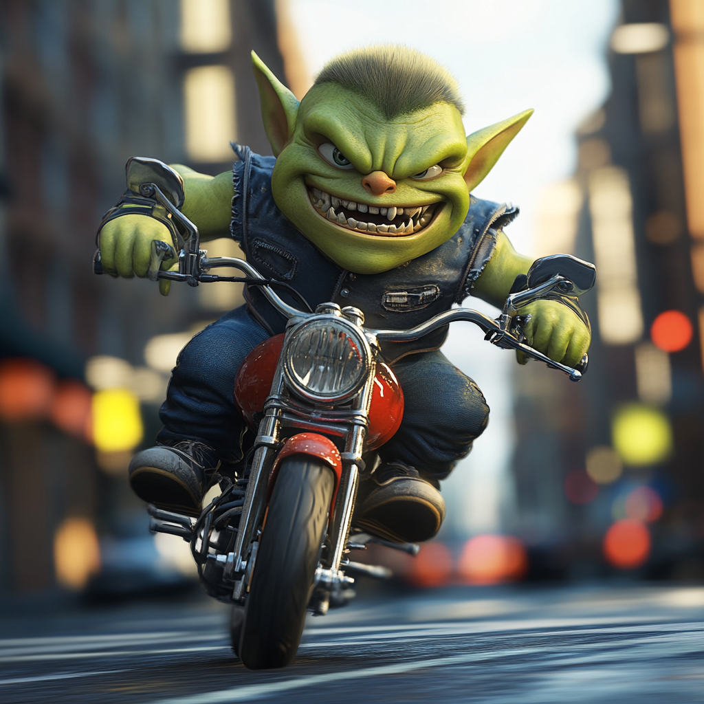 Green Orc Child Riding Motorbike in City, Pixar 3D Render