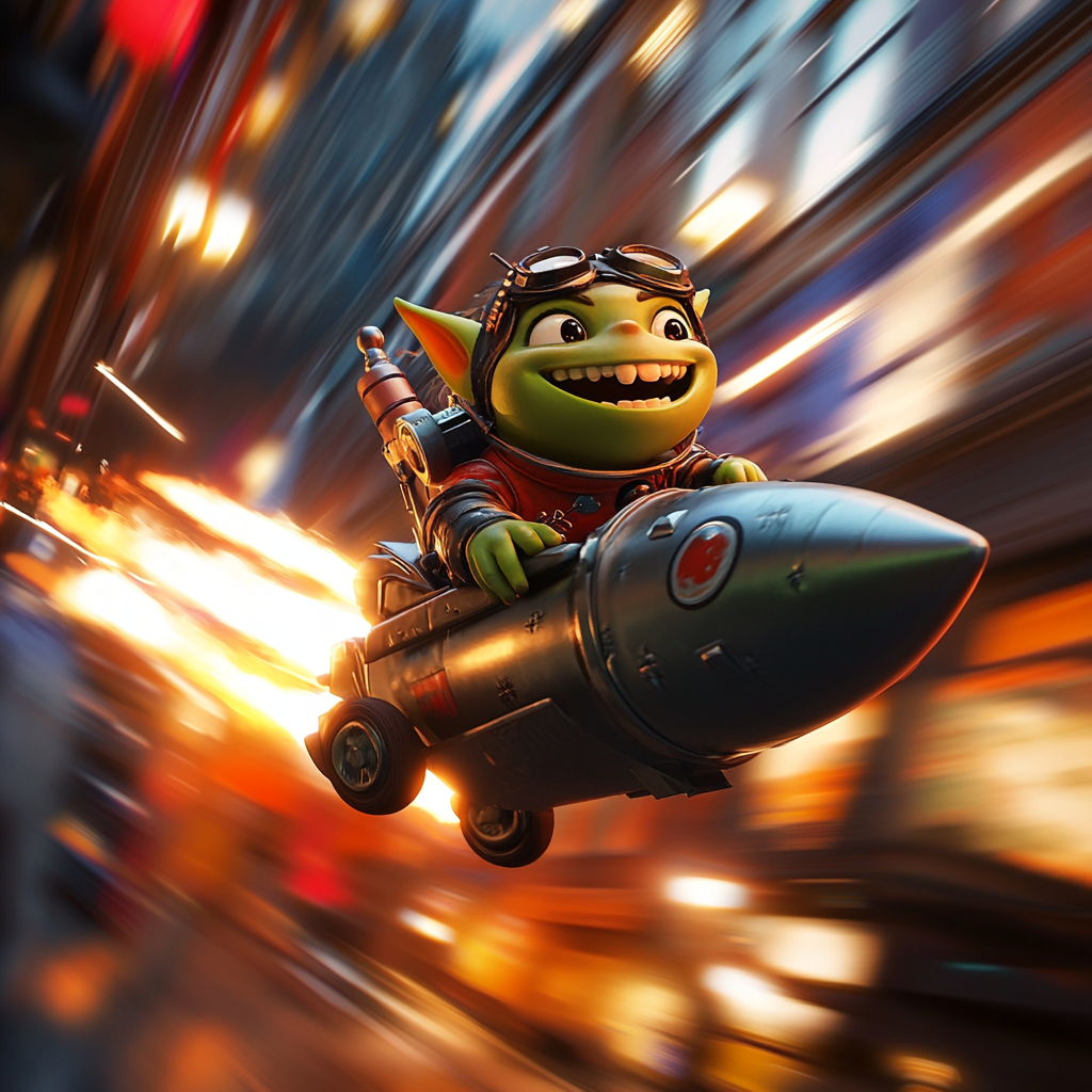 Green Orc Child Riding Rocket in City, 3D Pixar Funny Scene 