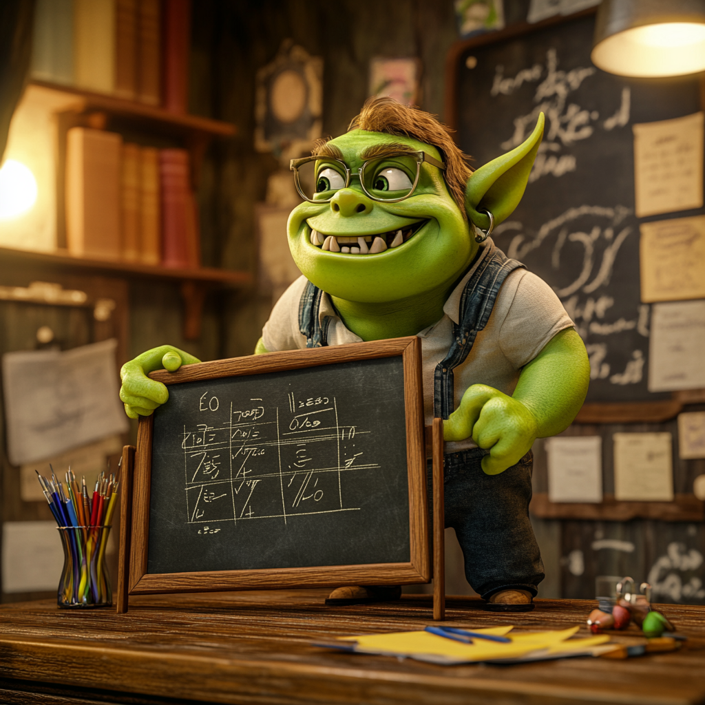 Green Orc Child Teacher Calculating on Blackboard 3D Render