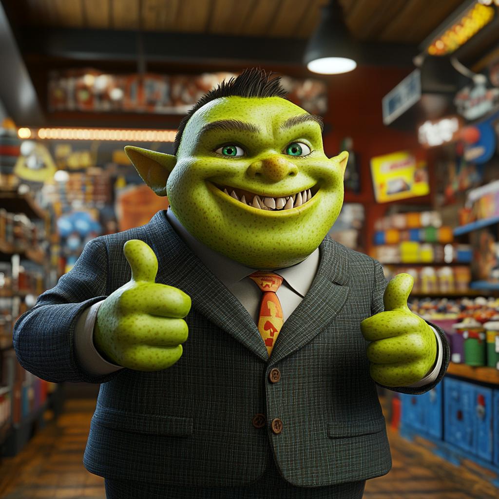 Green Orc Child Thumbs Up in Pixar Game Store 