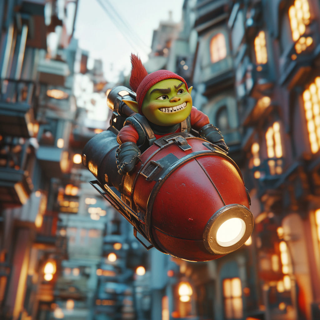 Green Orc Child on Delivery Rocket 3D Render