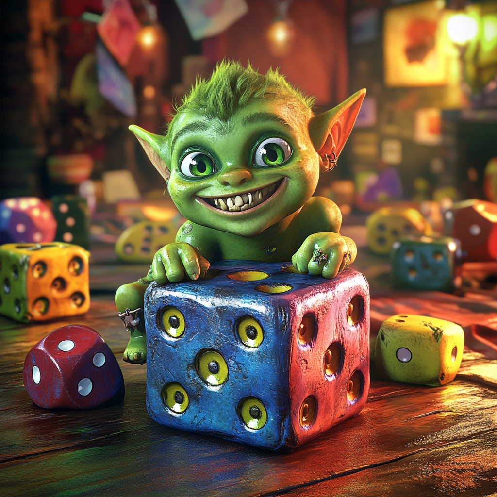 Green Orc Child on Large Dice in Fun Pixar 3D Environment