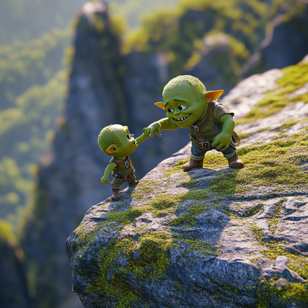 Green Orc Children Helping on Abyss Edge, Pixar 3D Render 