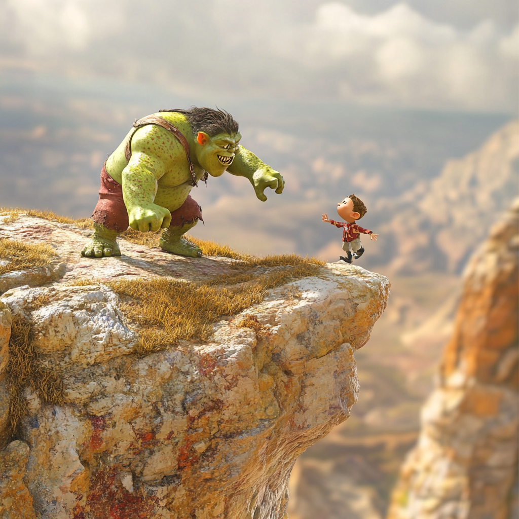 Green Orc Saves Clumsy Human on Cliff Edge