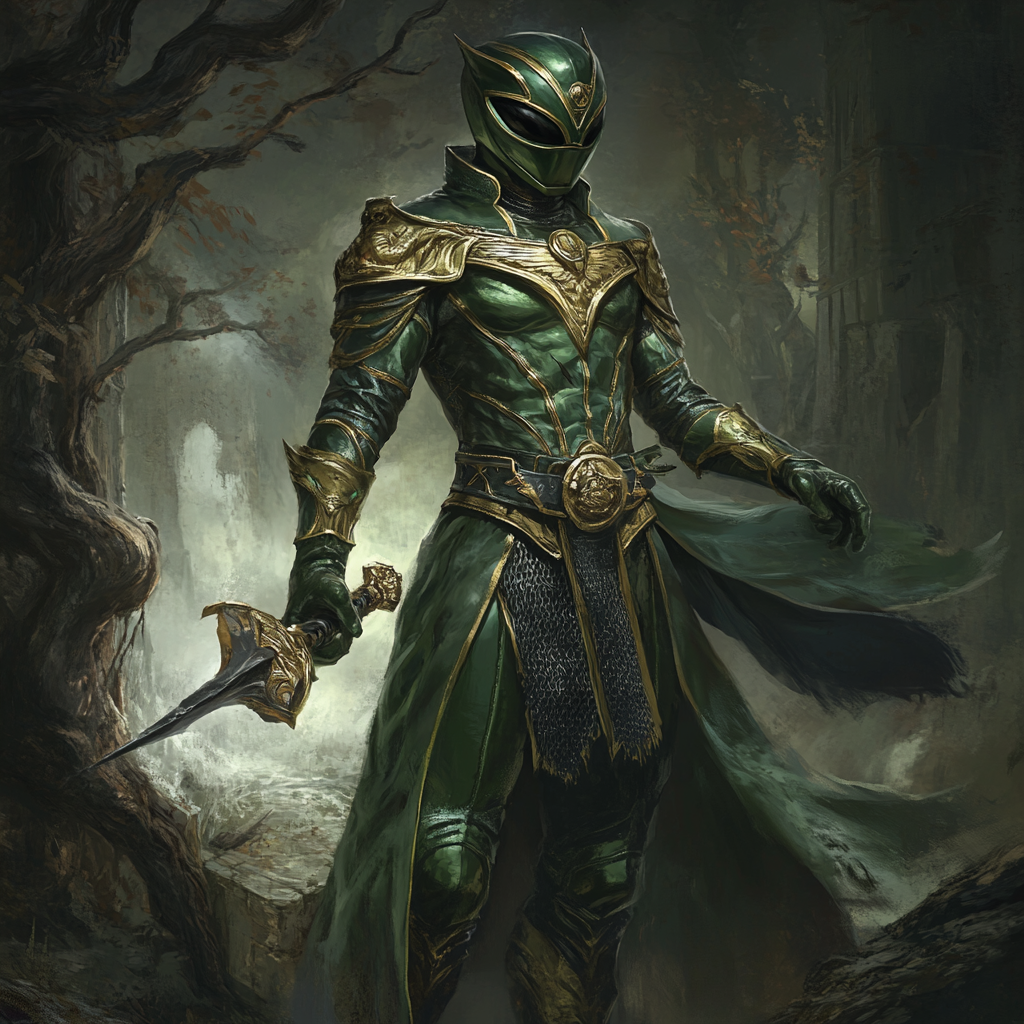 Green Power Ranger in medieval fantasy world landscape.