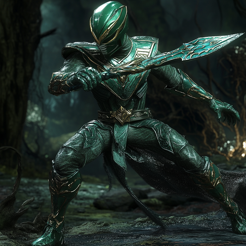 Green Power Ranger in medieval fantasy world with details