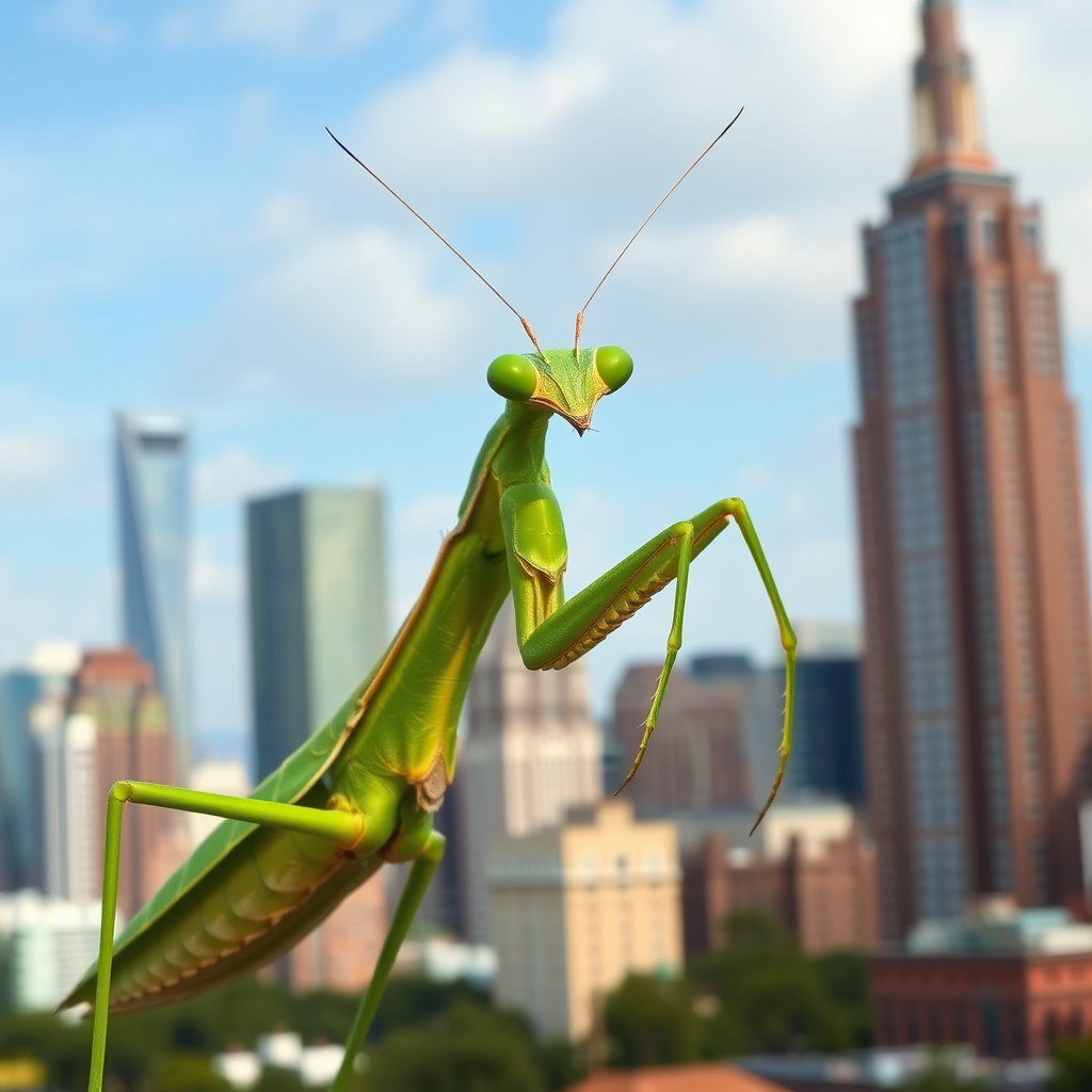 Green Praying Mantis in Cityscape