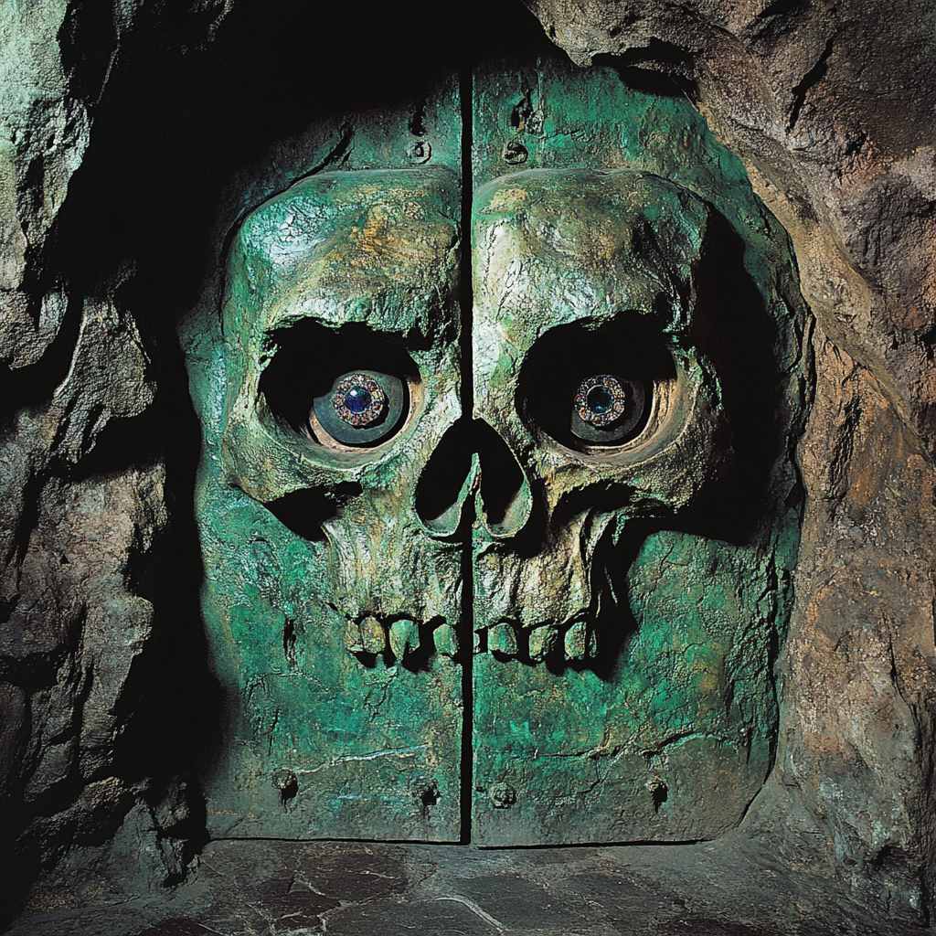 Green Stone Double Door with Grinning Skull Carving