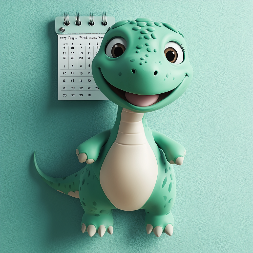 Green T-Rex with calendar in clay animation.