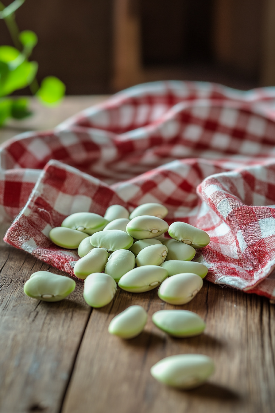 Green beans on table with red cloth.