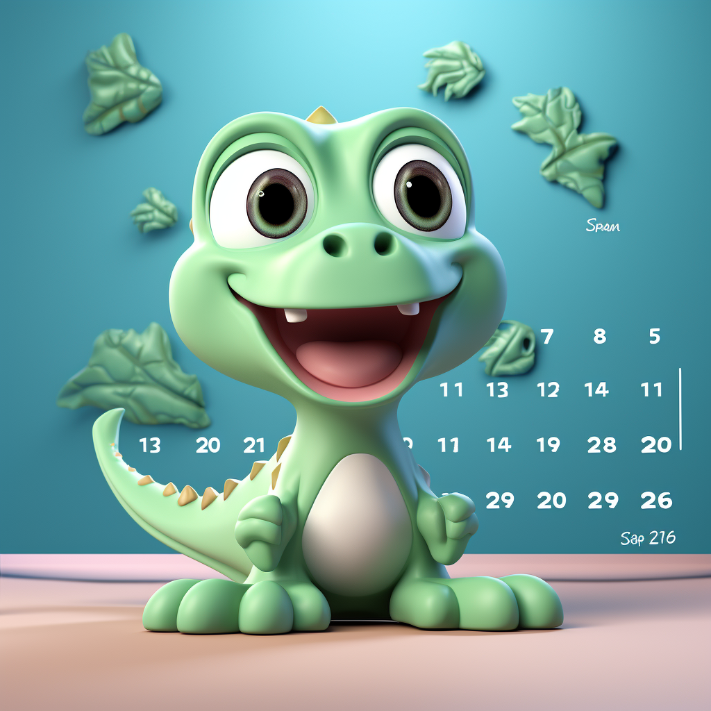 Green child dinosaur in clay animation, January 2025 calendar.