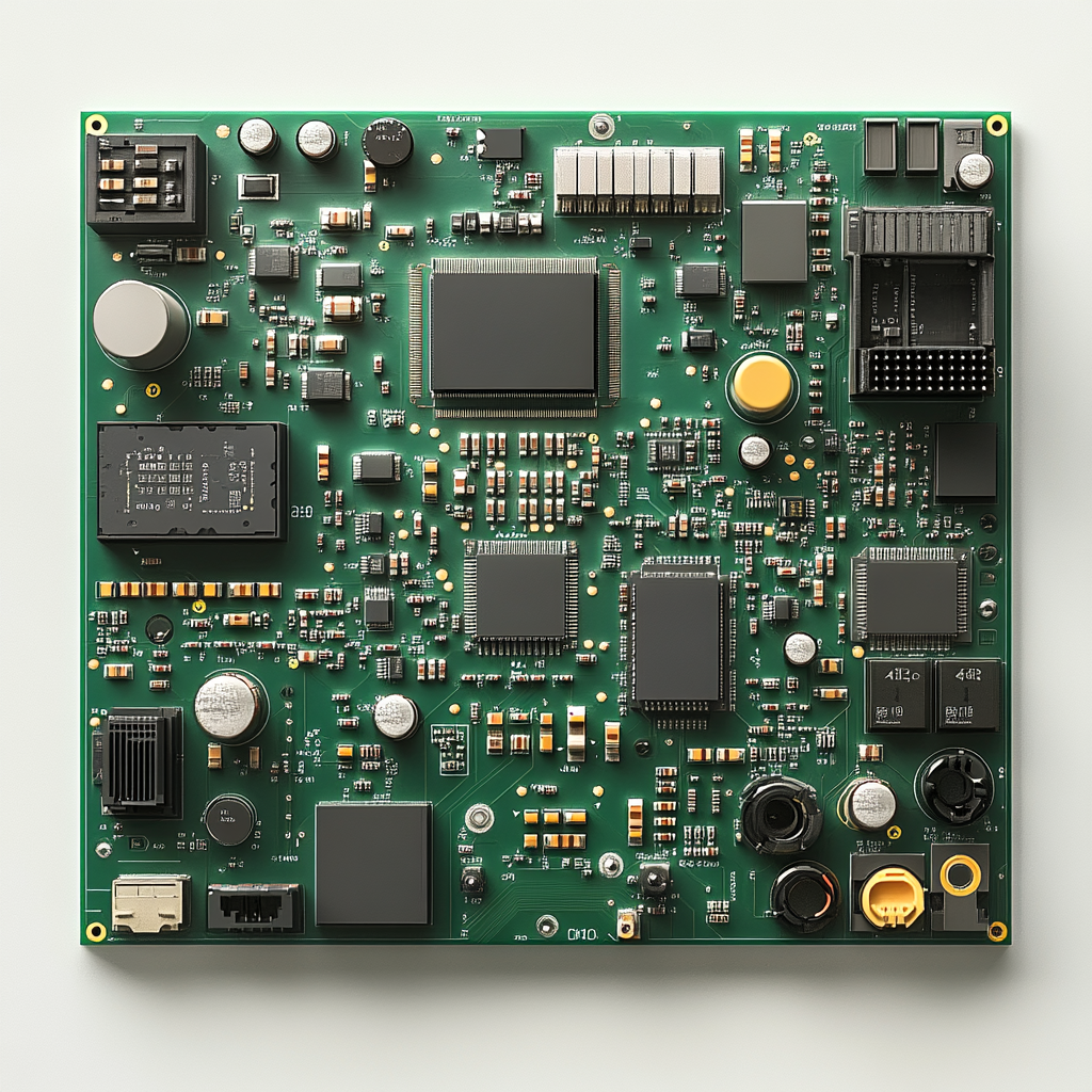 Green circuit board with chips, capacitors, connectors, white background