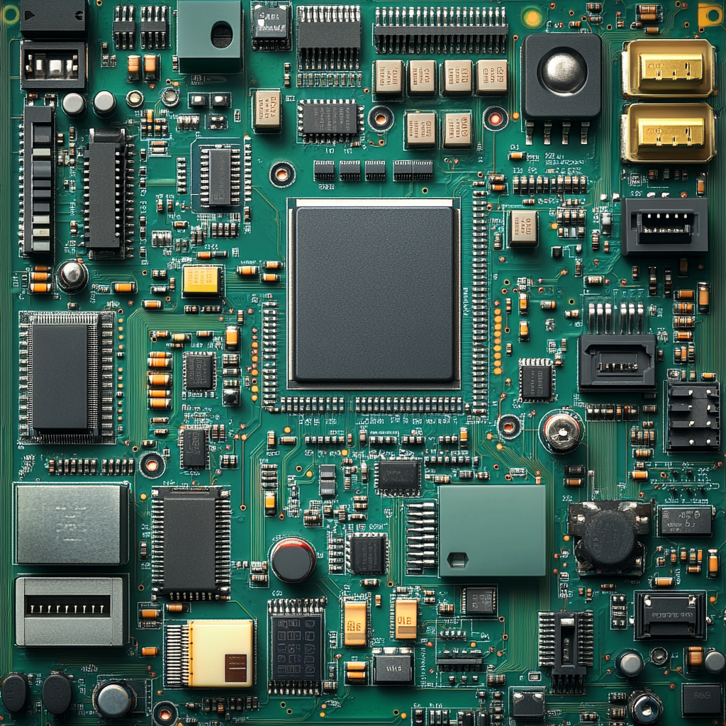 Green circuit board with chips, capacitors, connectors viewed above.