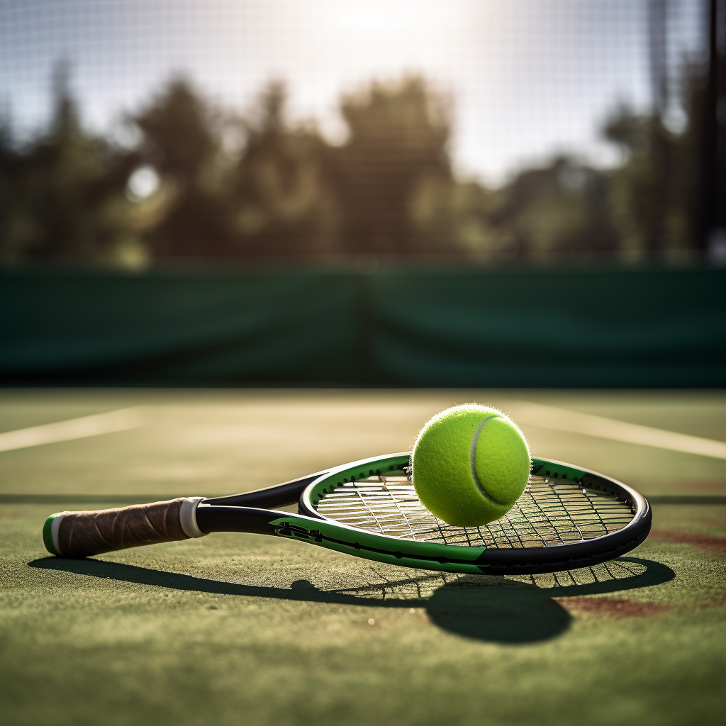 "Modern tennis and squash rackets on a green clay court"