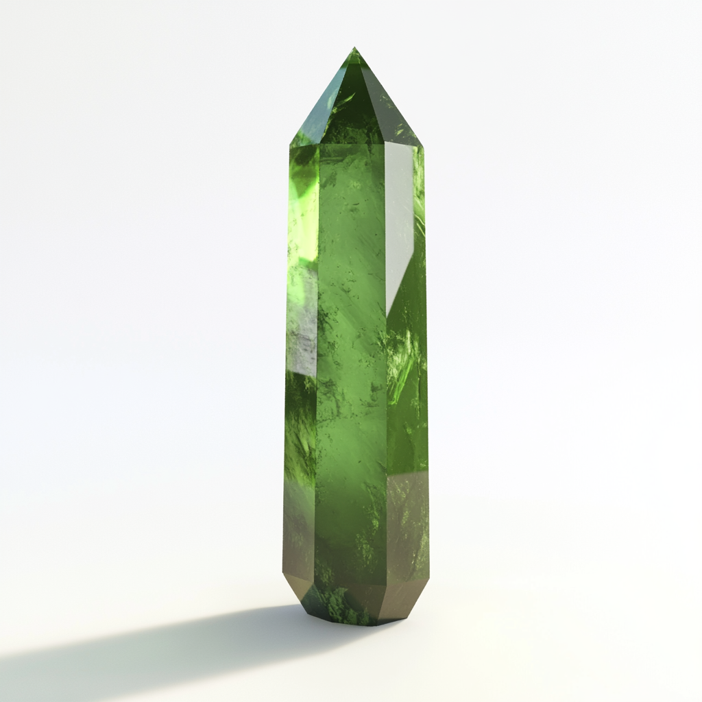 Green crystal in empty space with studio lighting glare.