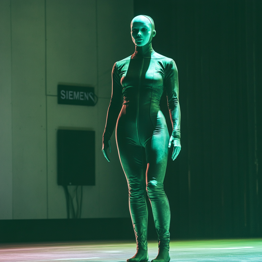 Green dancer in tight jumpsuit on stage.