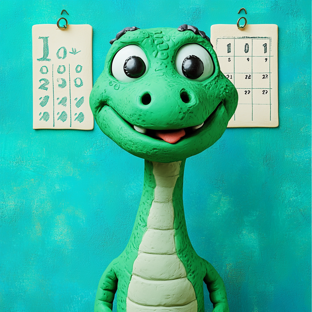 Green dinosaur with big eyes smiling at January calendar.