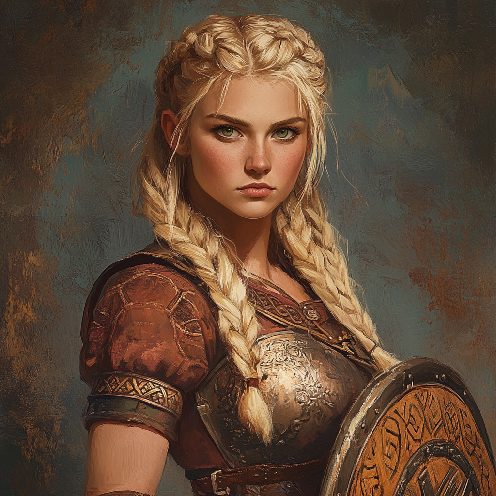 Green-eyed shield maiden wields warhammer, blonde braids.