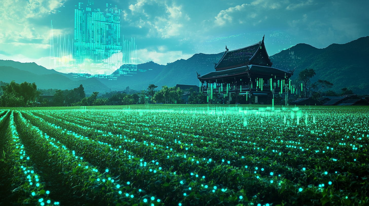 Green fields, Thai building, holographic trading graphs - 16:9