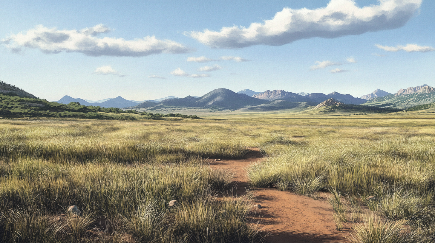 Green grass, brown dirt, muted western wilderness scenery.