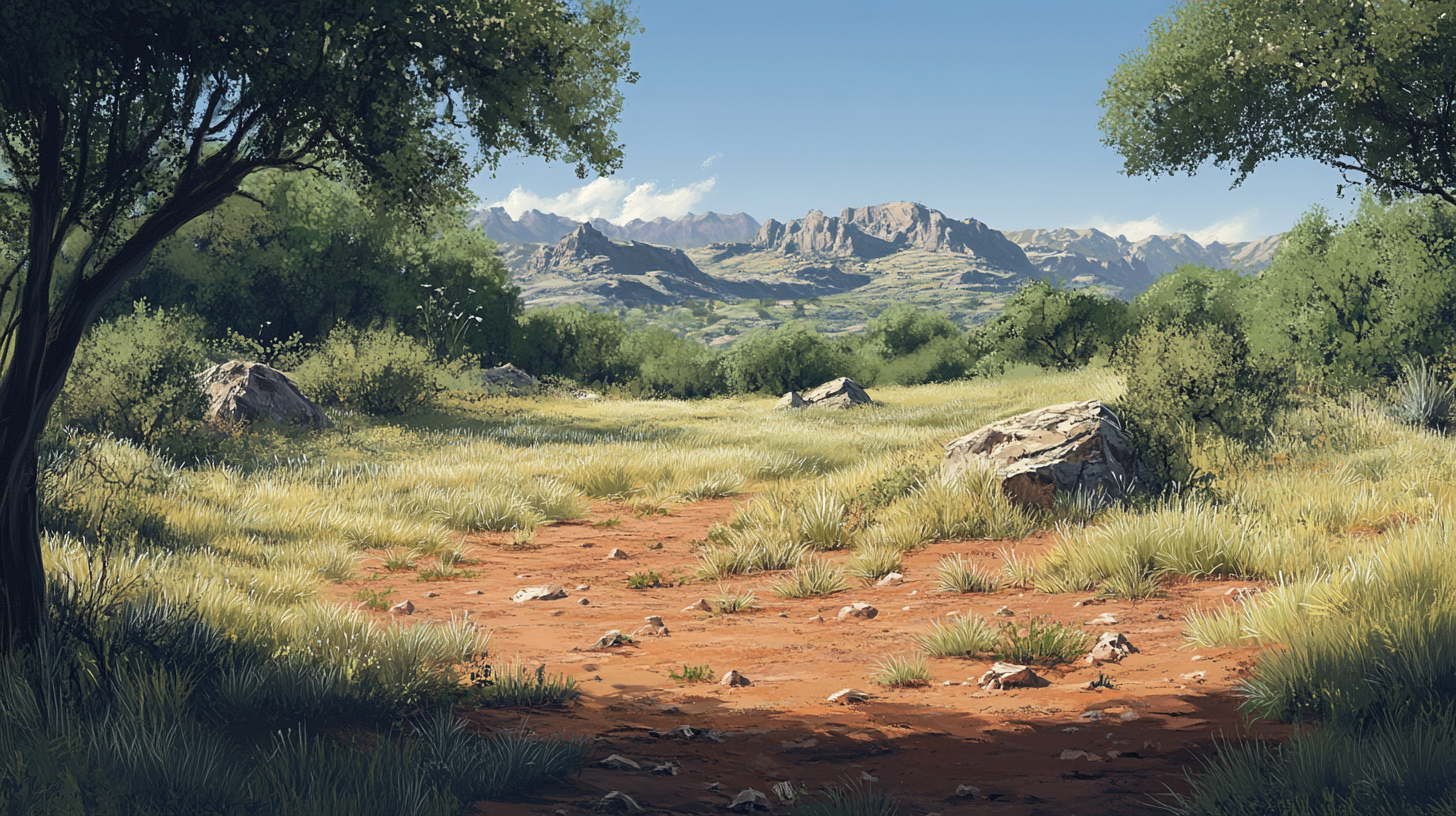 Green grass, brown dirt, overgrown trees, rocky mountains--16:9.