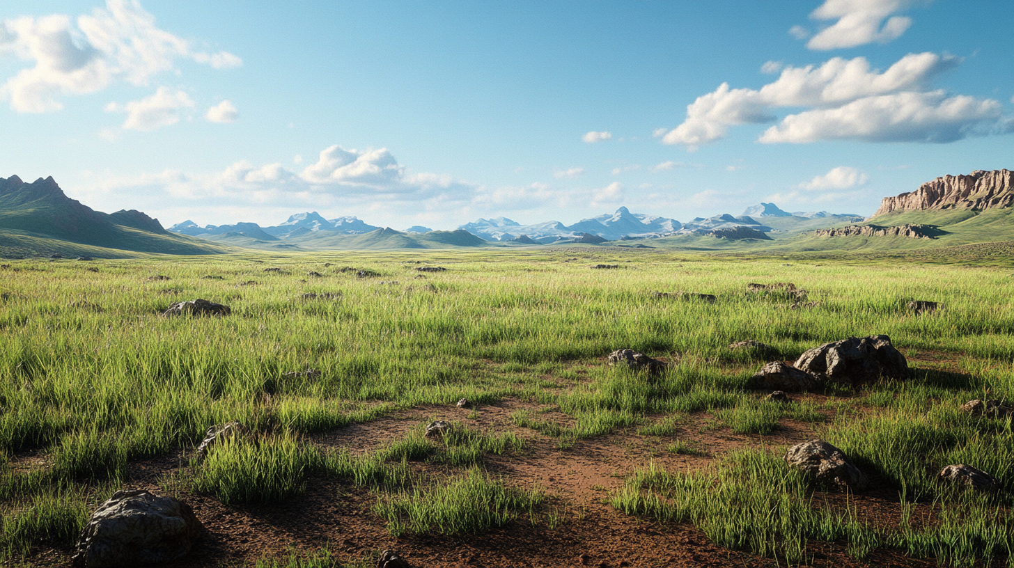 Green grass and brown dirt patches in wilderness.