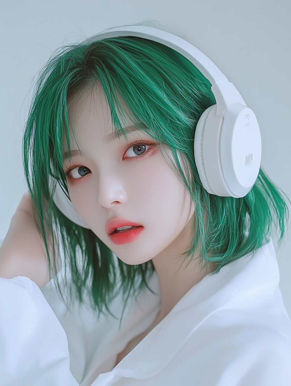 Green-haired girl in white with K-pop style makeup.