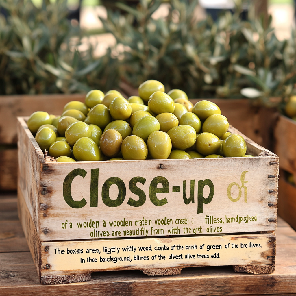 Green olives in rustic wooden box under olive trees