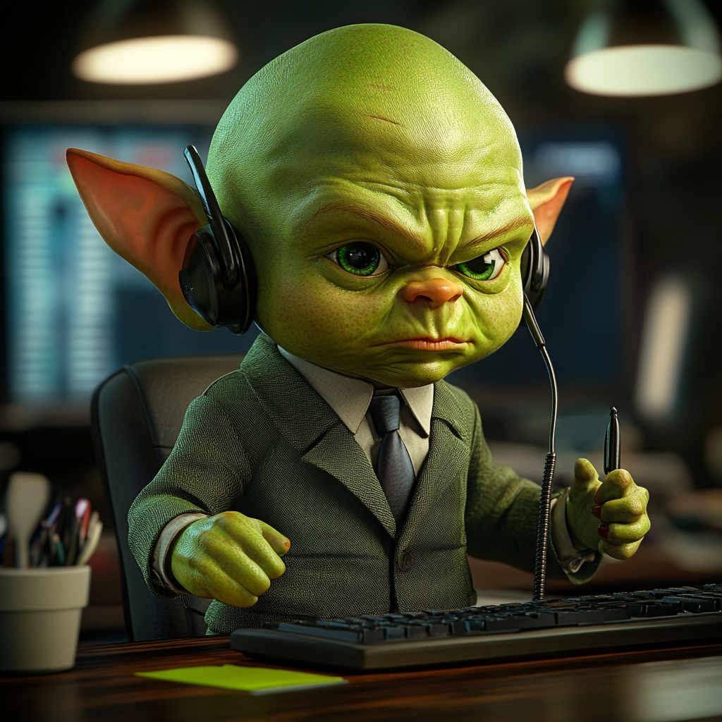 Green orc child call center worker in 3D Pixar style 