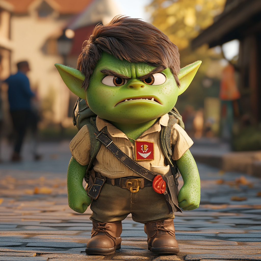 Green orc child in Boy Scout outfit, Pixar 3D render 