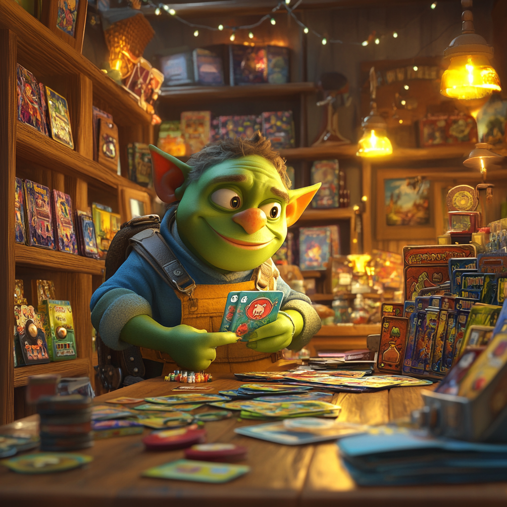 Green orc child manager in Pixar themed card store