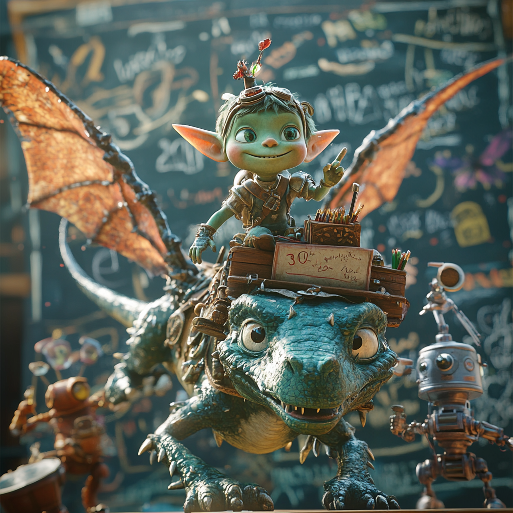 Green orc child on dragon with fairies and robots, chalkboard writing, Pixar theme, 3D render 