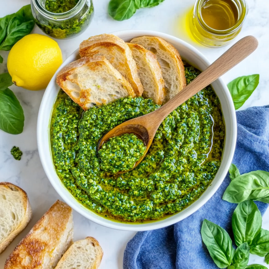 Green pesto bowl with bread slices and herbs