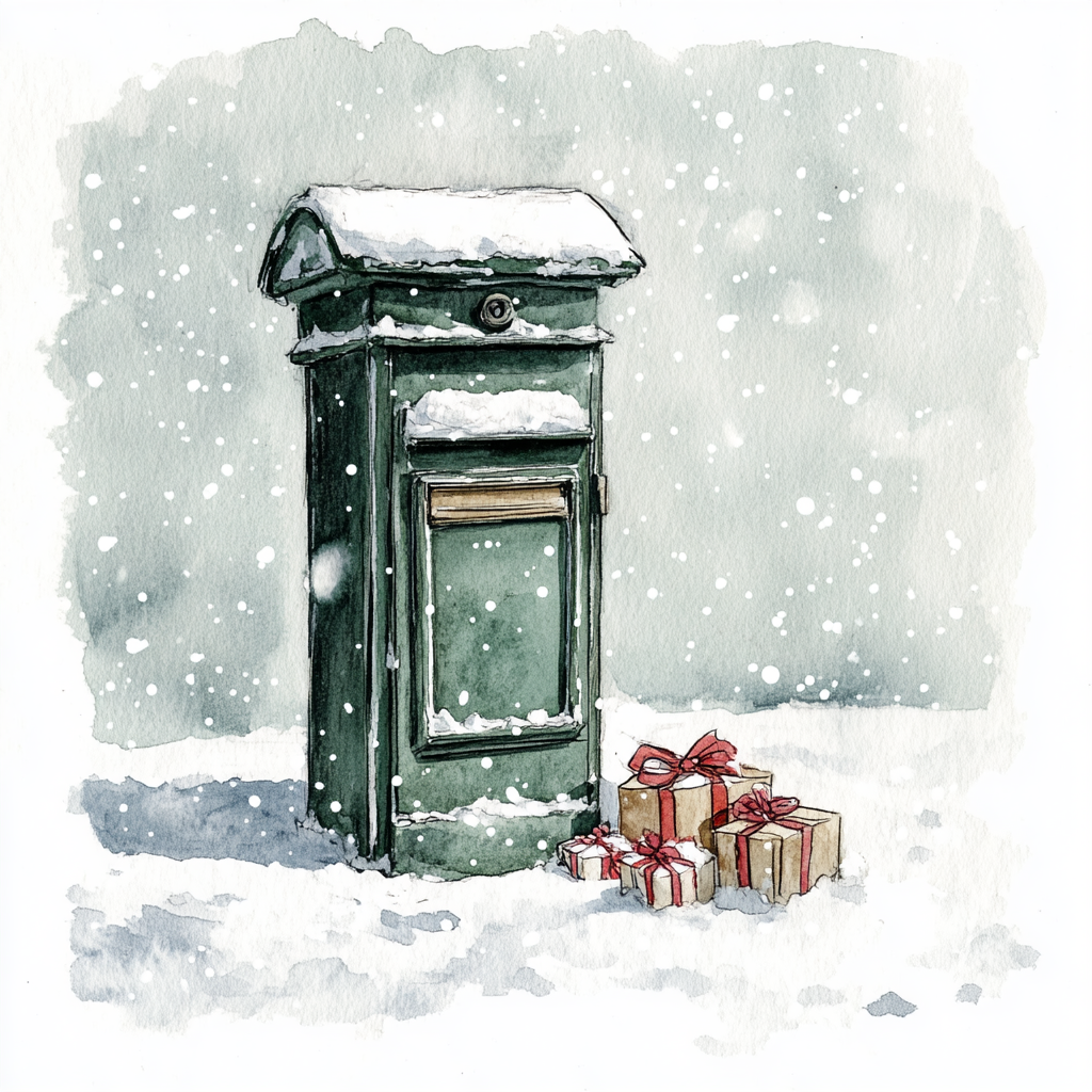 Green post box with presents on ground, snowy background.