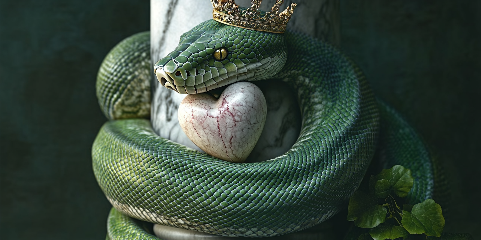 Green python with crown, wrapping around column with statue.