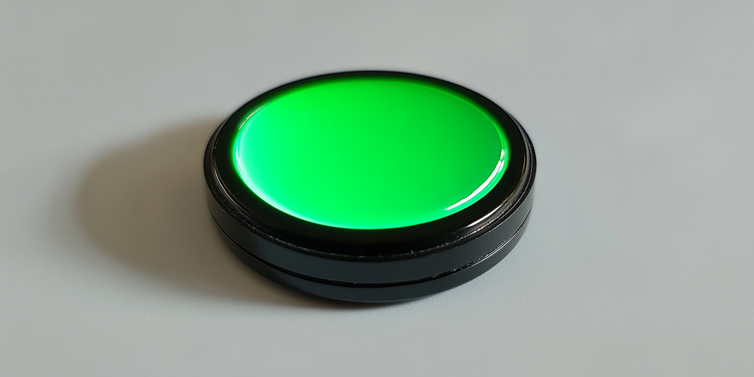 Green round button on black base, glowing, rotated left.