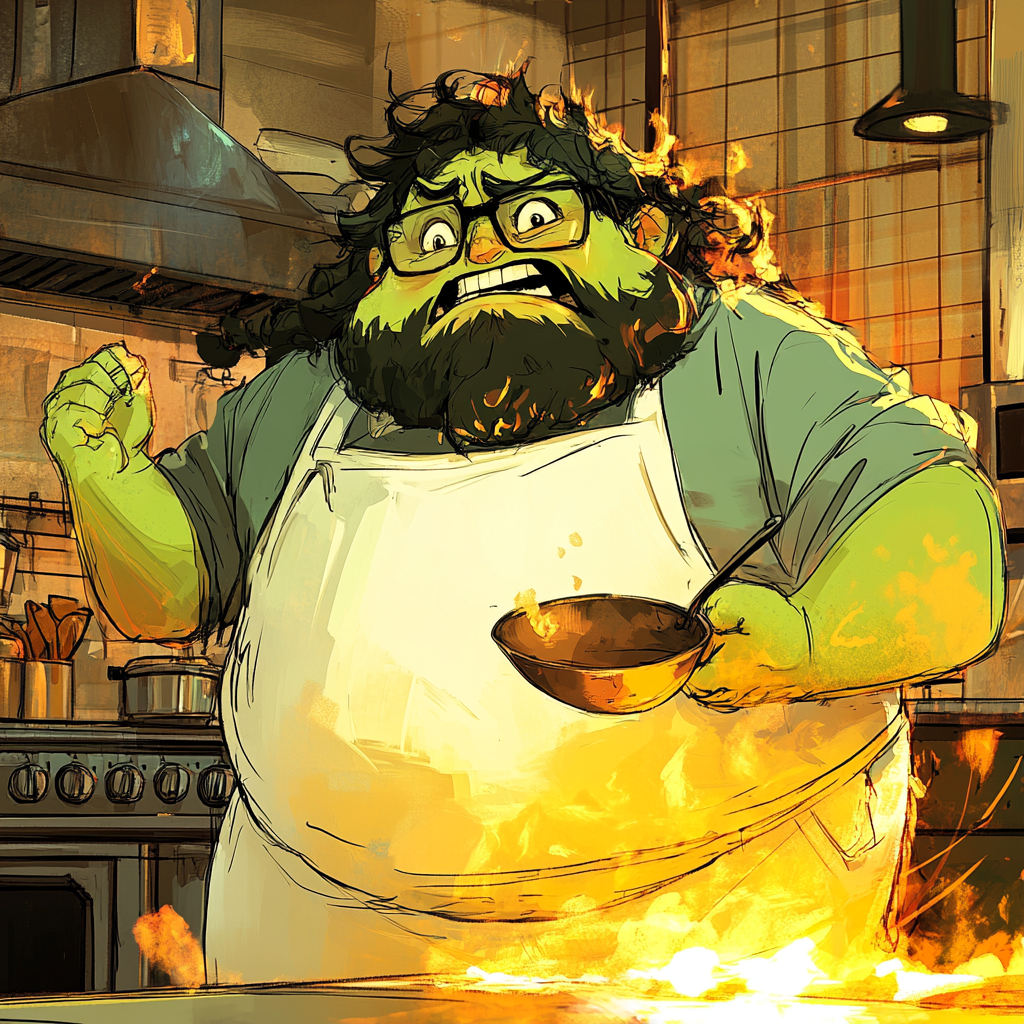 Green-skinned chef panics as pan catches fire.