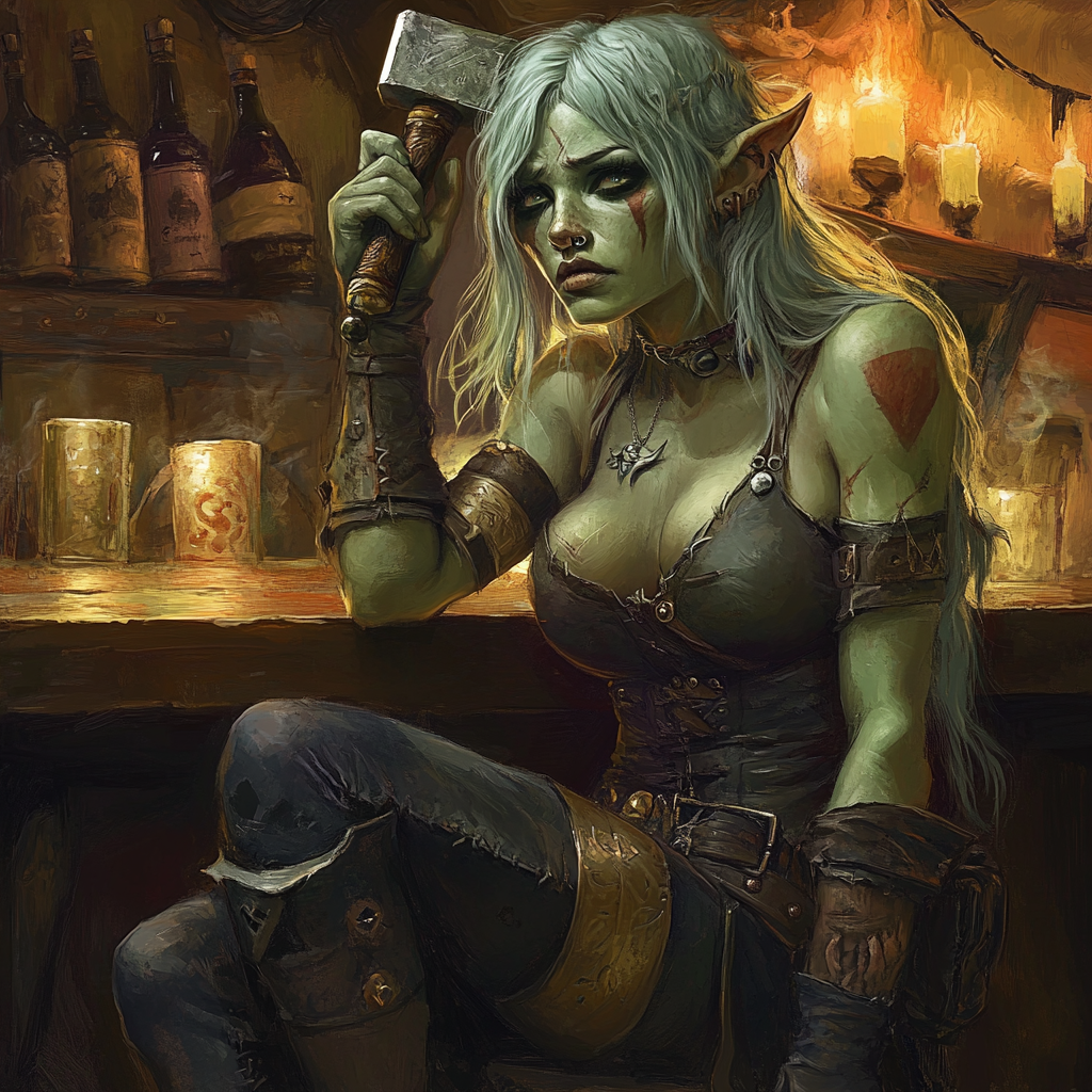 Green-skinned female half-orc pirate in Hell tavern, sad.unsqueeze beauty.