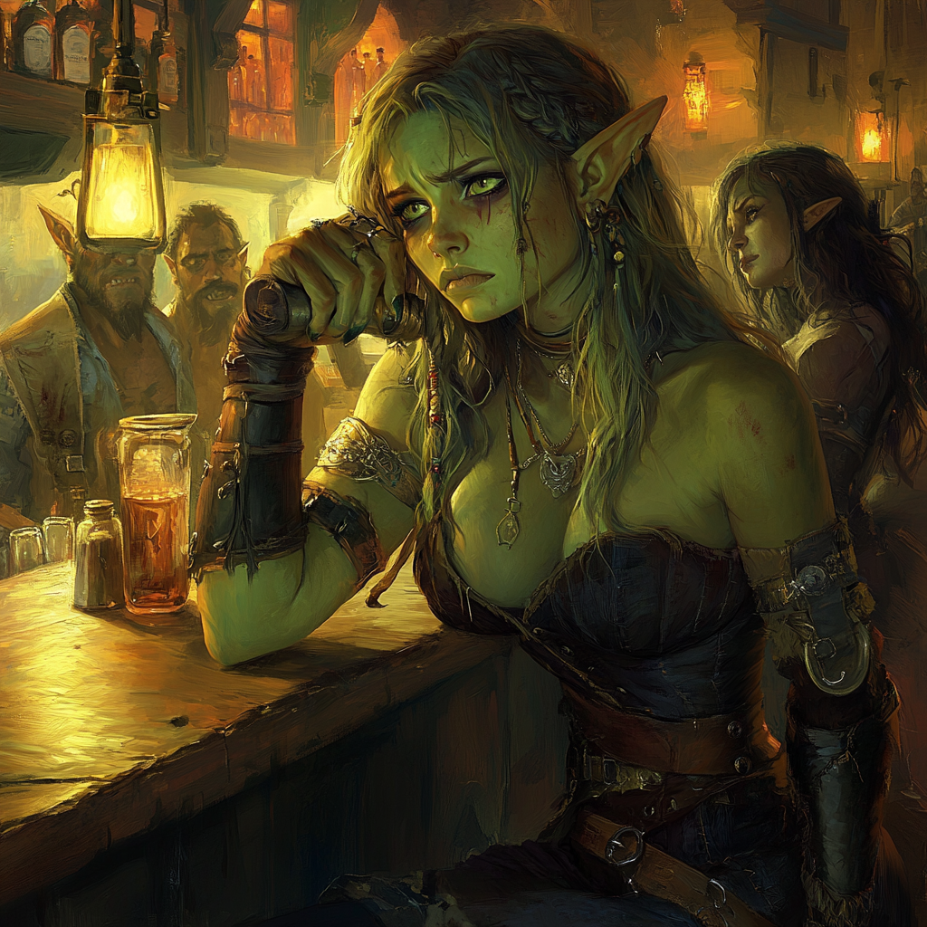 Green-skinned half-orc pirate in Hell, longing for ocean.