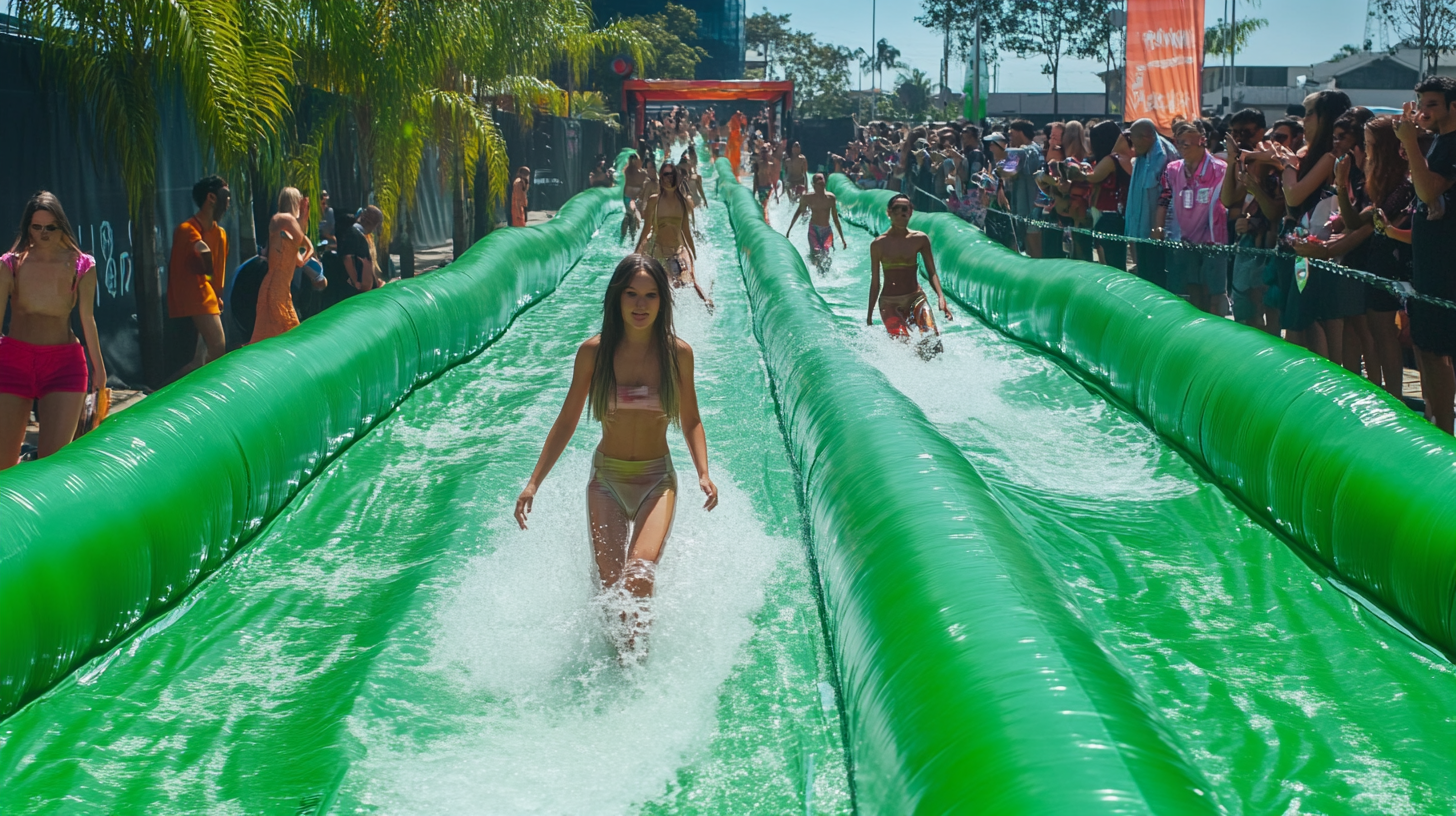 Green slip and slide runway with inflatable models sliding.