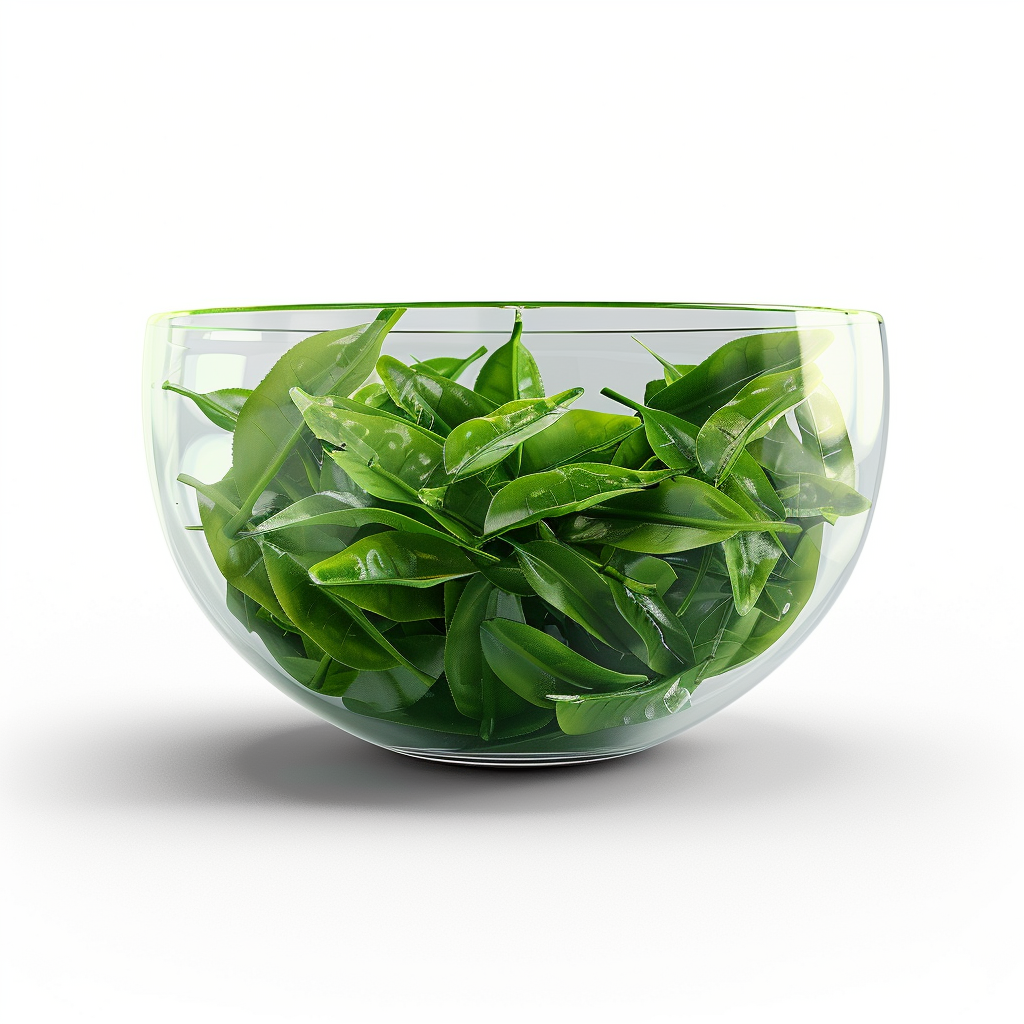 Green tea leaves in glass bowl on white background