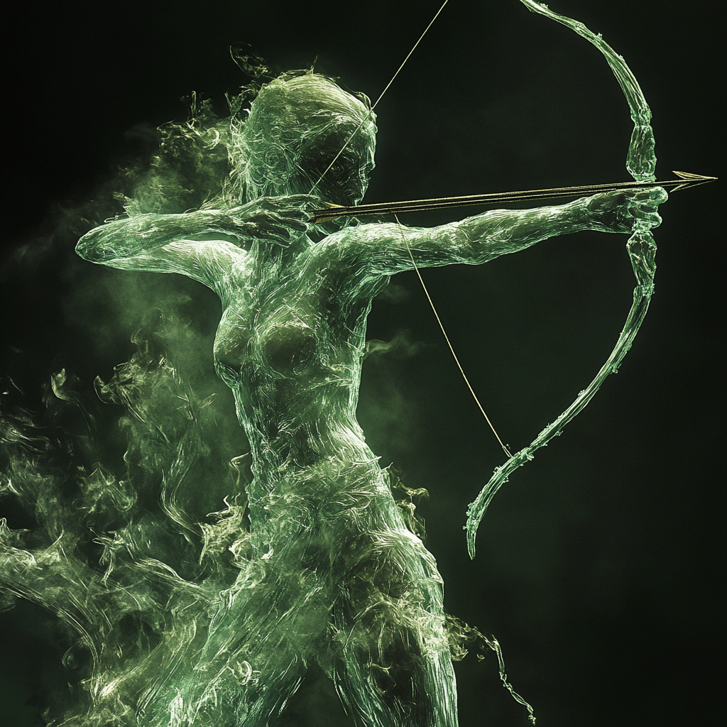 Green undead female warrior shooting bow, transparent and dynamic.