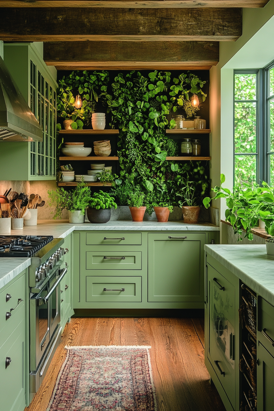 Greenery-Infused Kitchen Design with Earthy Tones